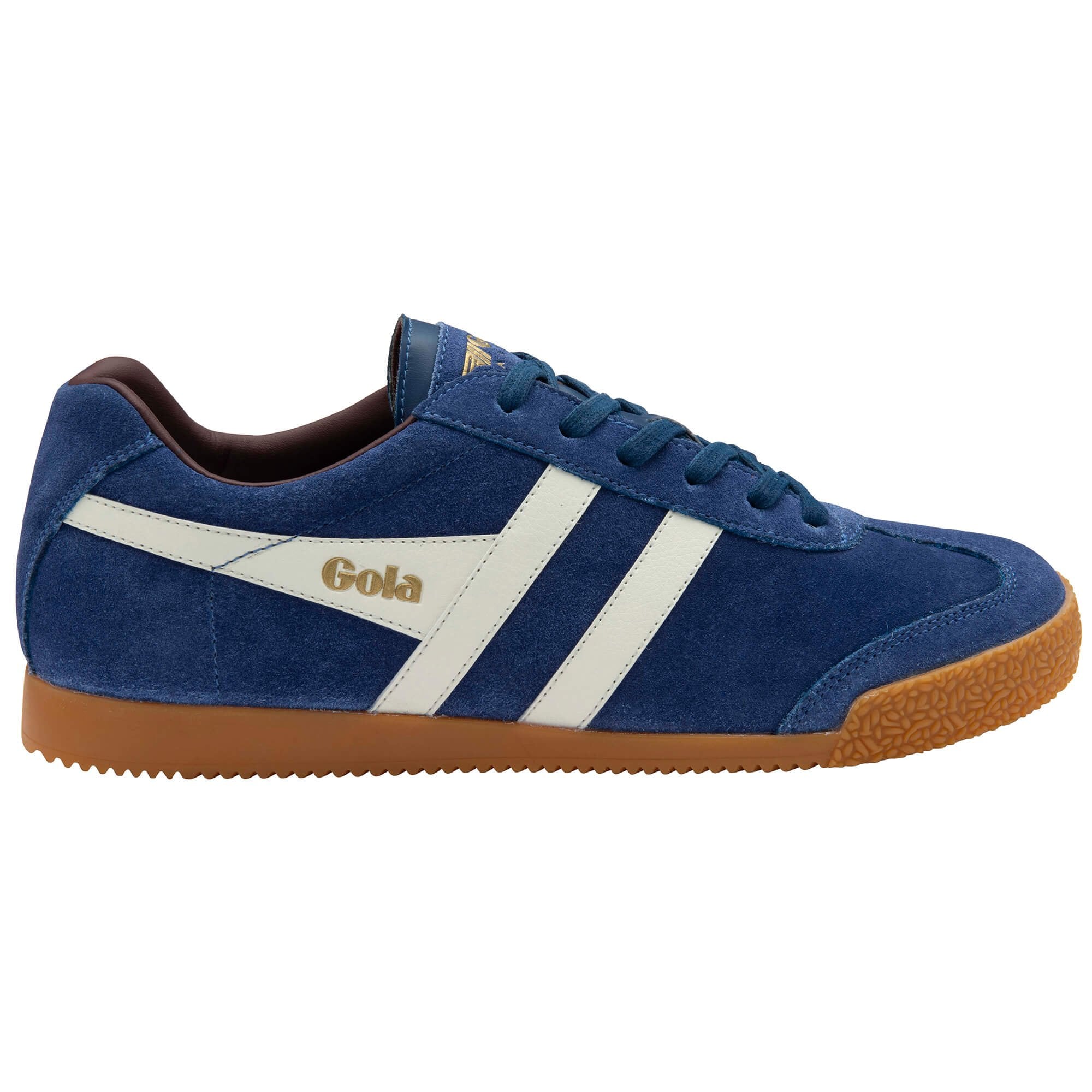 Blue trainer with white stripes and brown sole on a white background