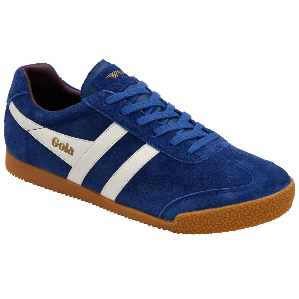 Blue trainer with white stripes and brown sole on a white background