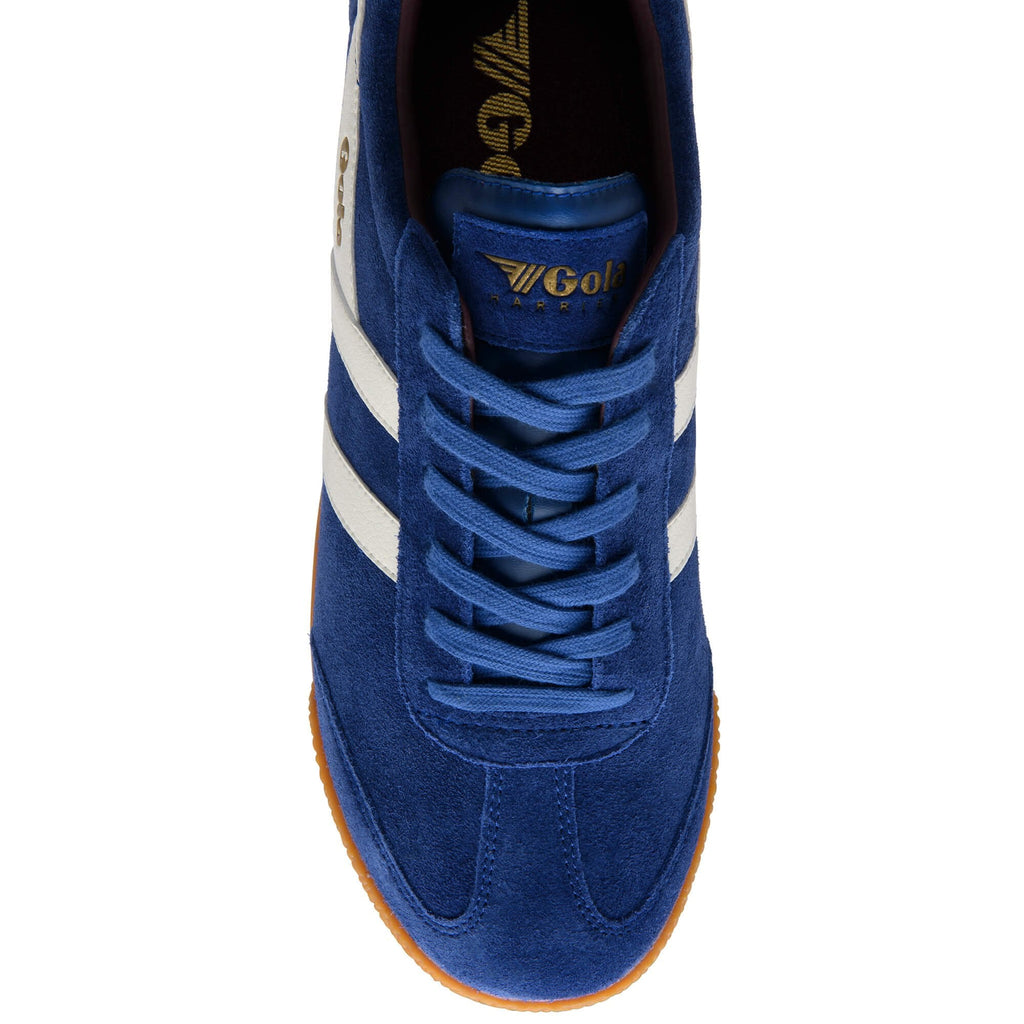 Blue trainer with white stripes on a white background