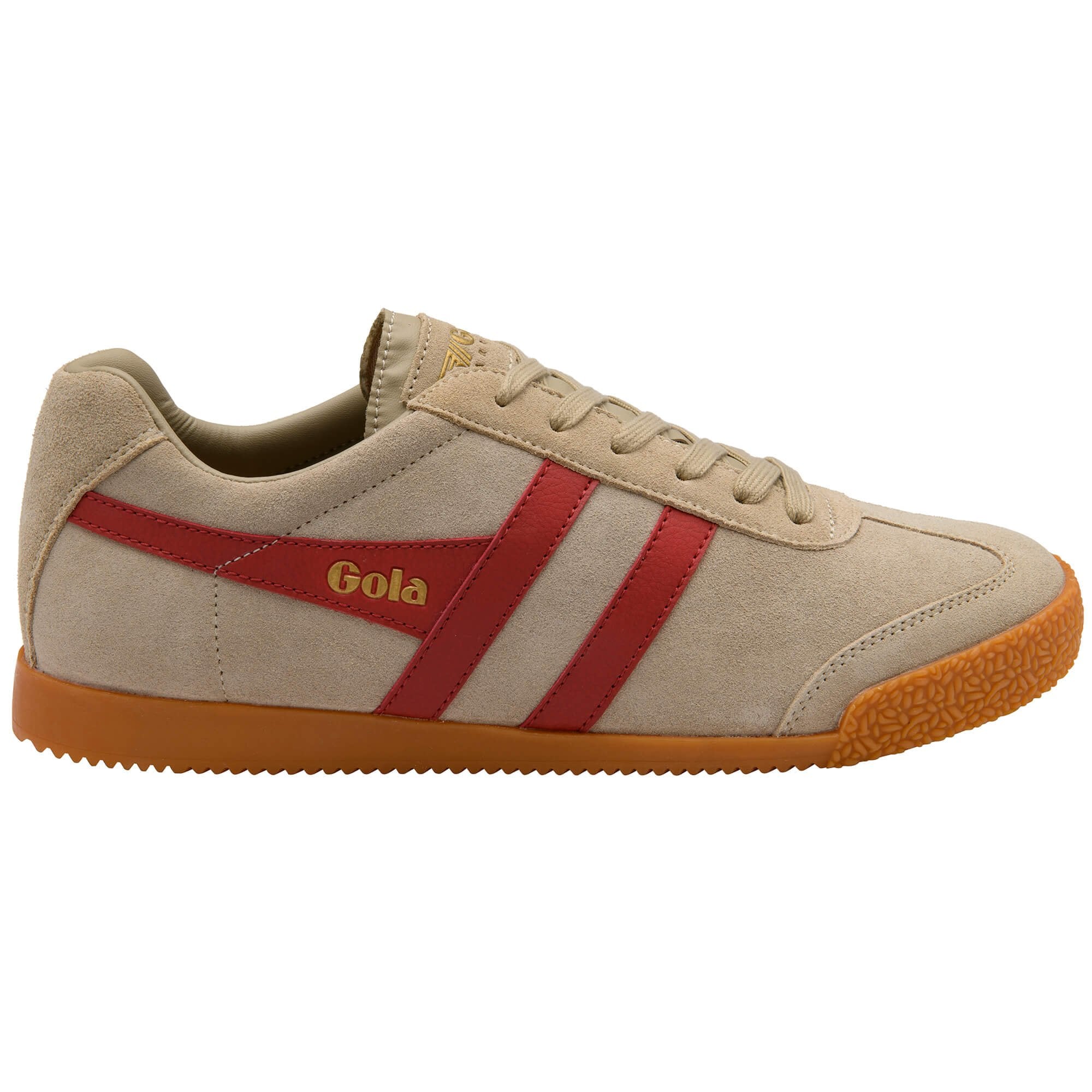 Gola suede trainer in khaki with red stripes and a gum sole