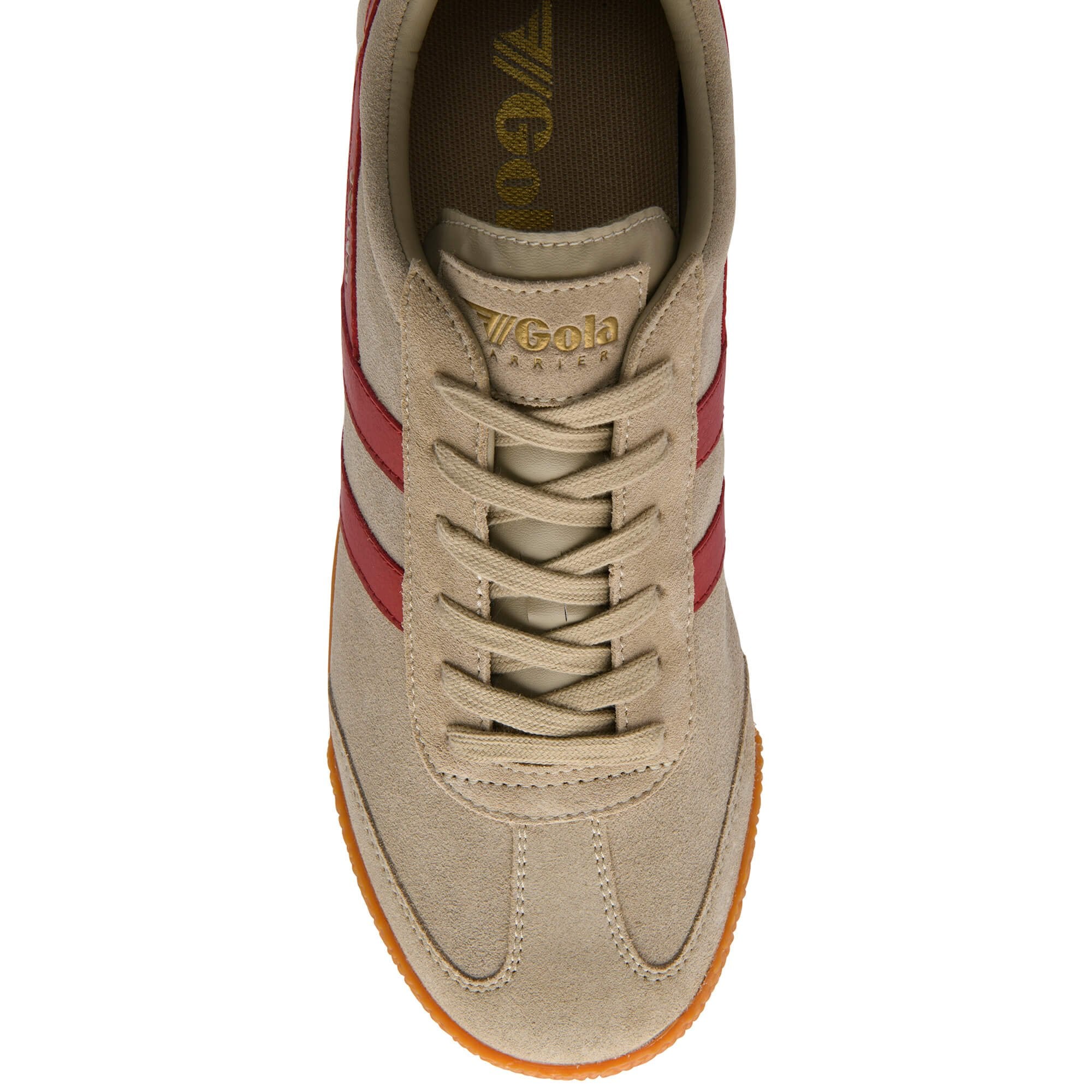 Beige trainer with red stripes and 'Gola' branding on a white background