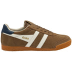 Brown trainer with white stripes and blue accents on a white background
