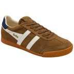 Brown trainer with white stripe and 'Gola' branding on a white background