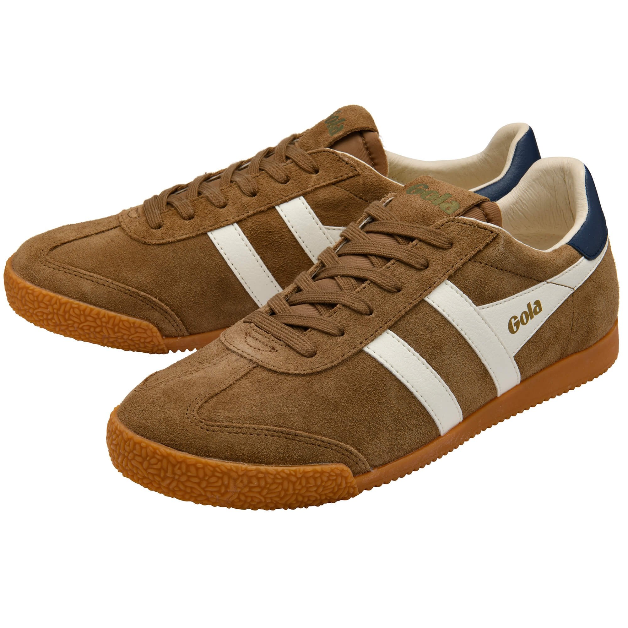 Brown trainers with white stripes and a blue accent on a white background