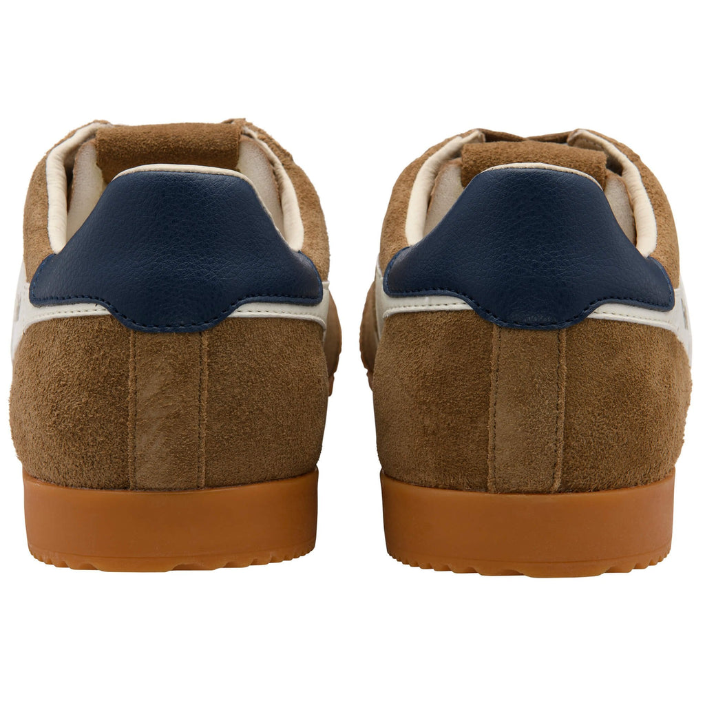 Brown suede trainers with navy accents on a white background