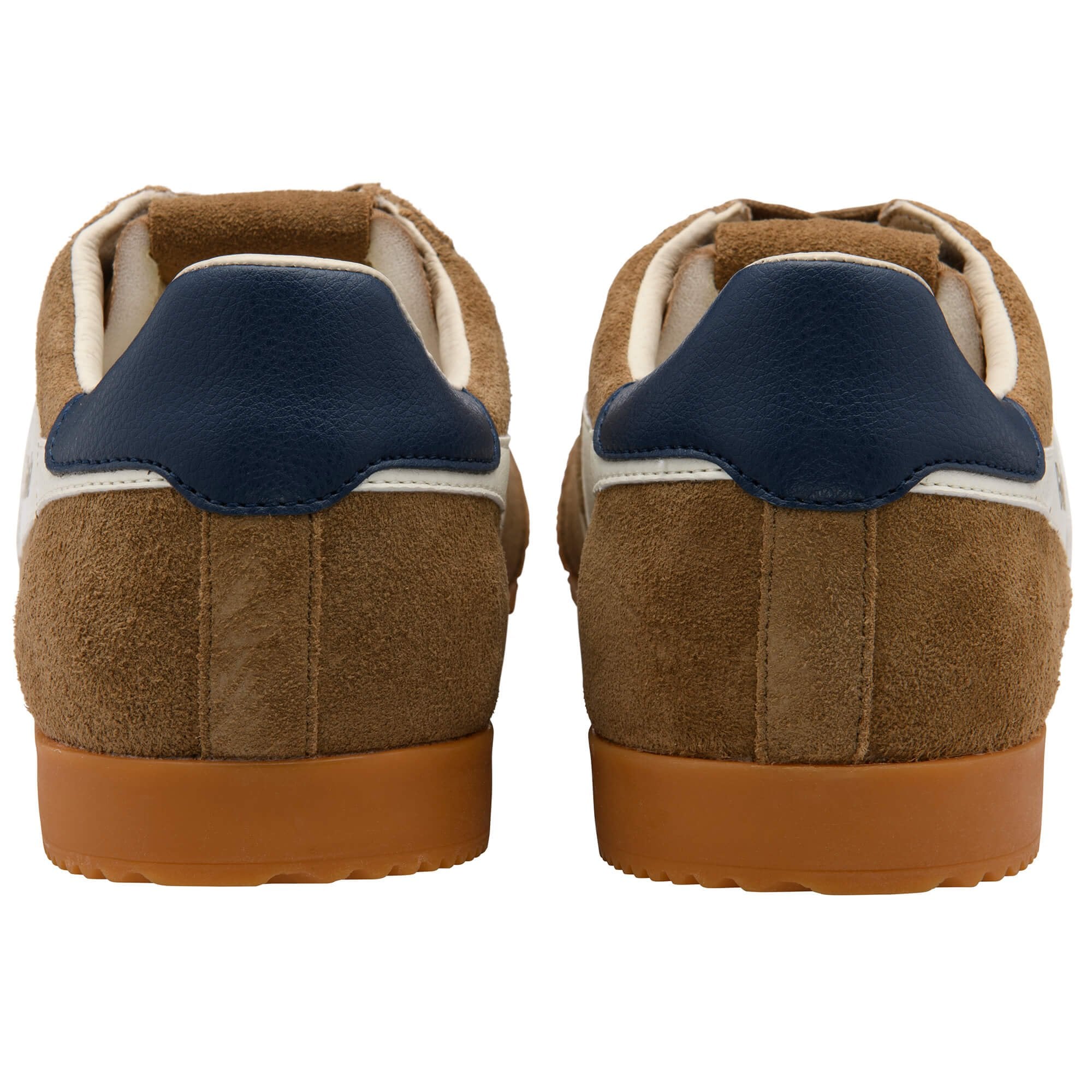 Brown suede trainers with navy accents on a white background