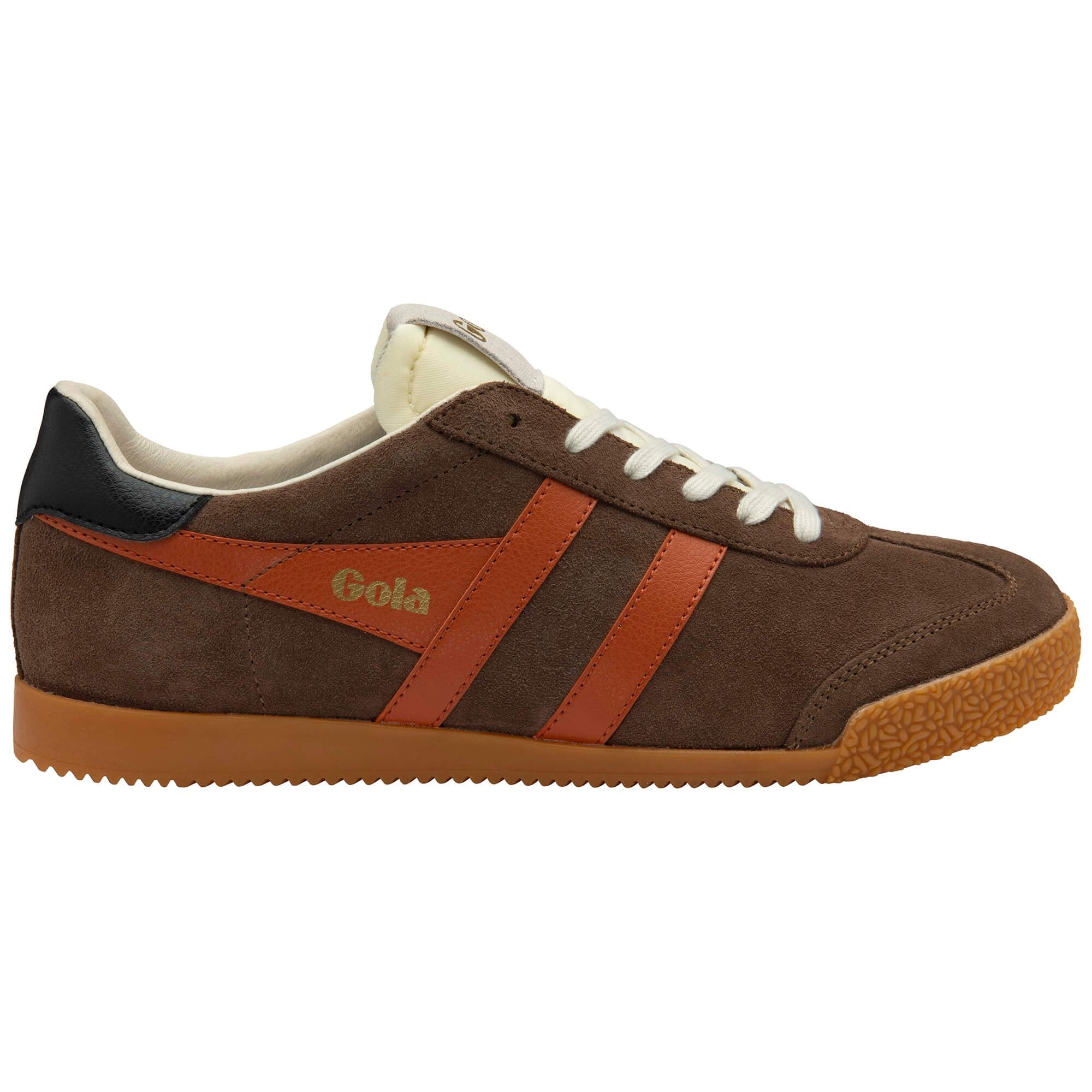 Brown trainer with orange accents on a white background