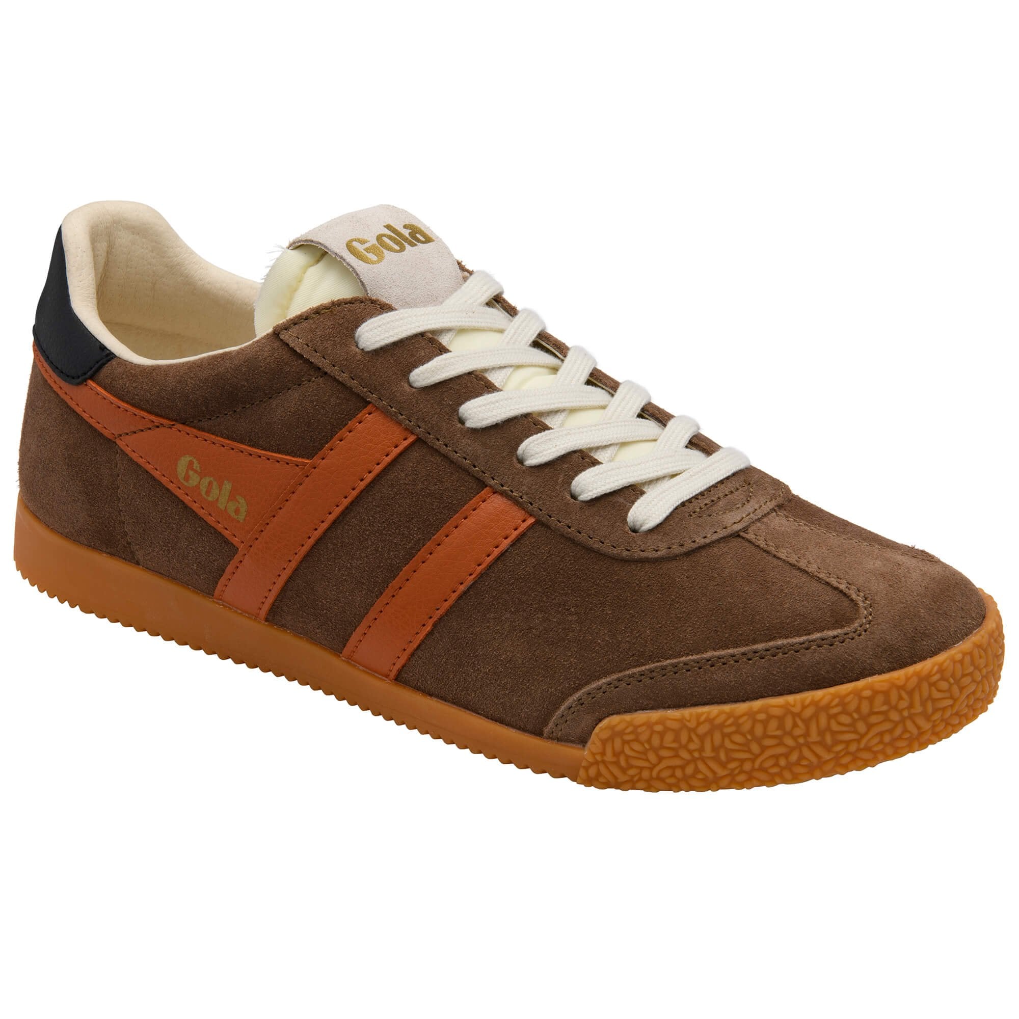 Gola Harrier suede trainers in brown with orange stripes and a gum sole
