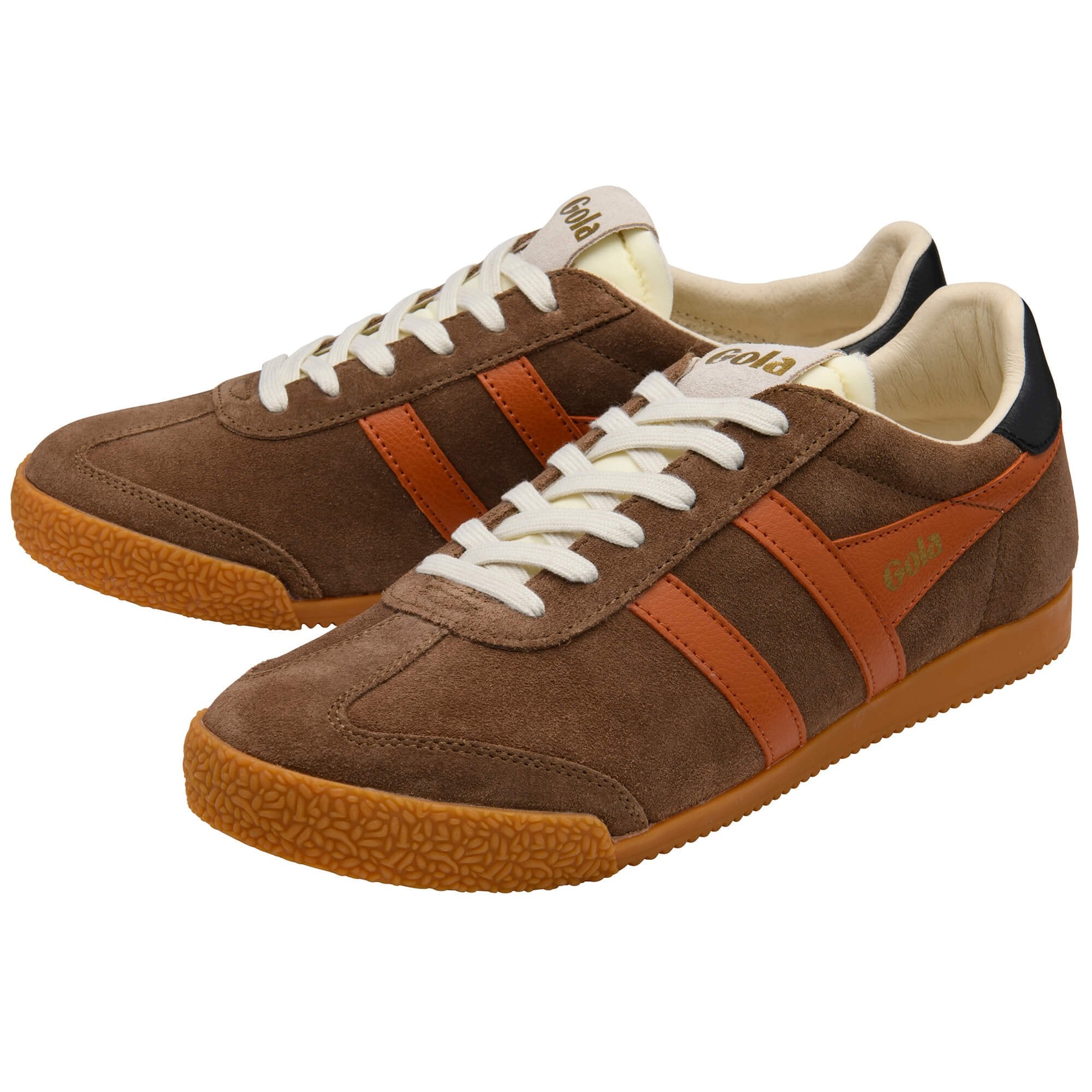 Pair of Gola Harrier suede trainers in brown with orange stripes and white laces