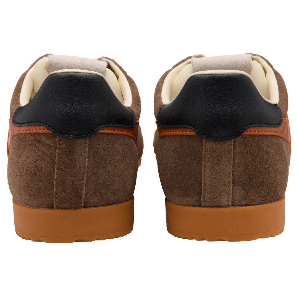 Pair of brown suede trainers with black heel tabs and tan soles, viewed from the back