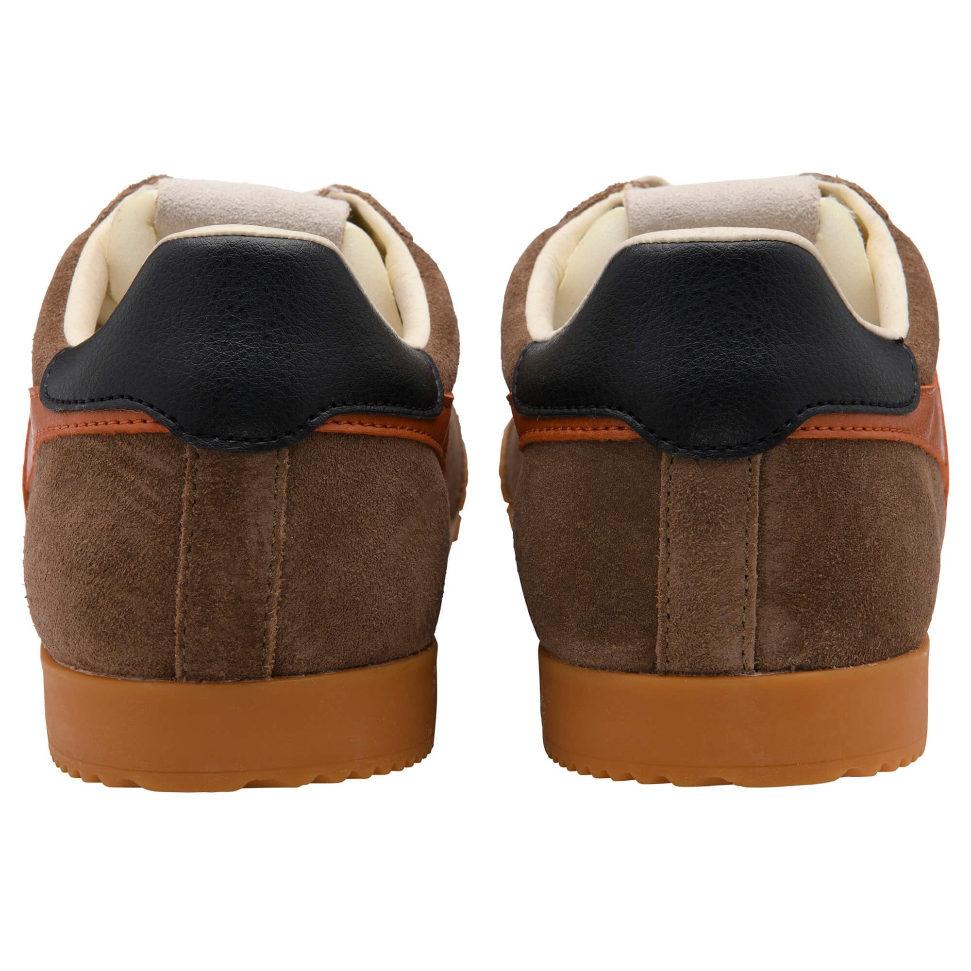 Pair of brown suede trainers with black heel tabs and tan soles, viewed from the back