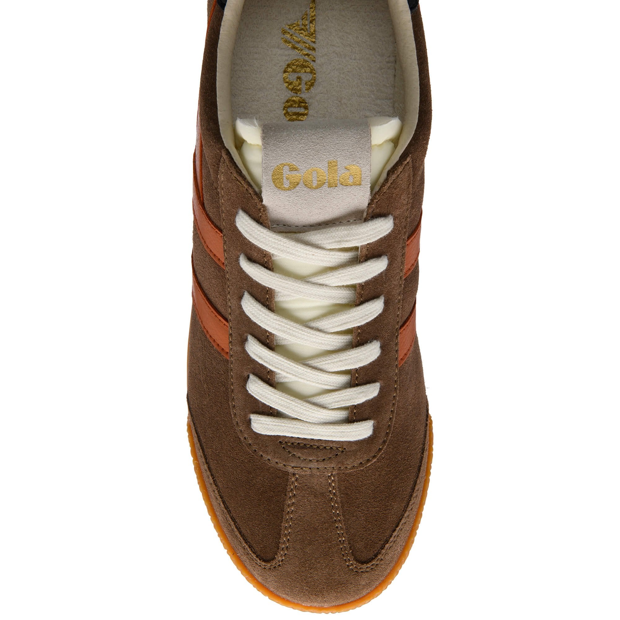 Brown suede Gola trainer with orange stripes, white laces, and a gum sole