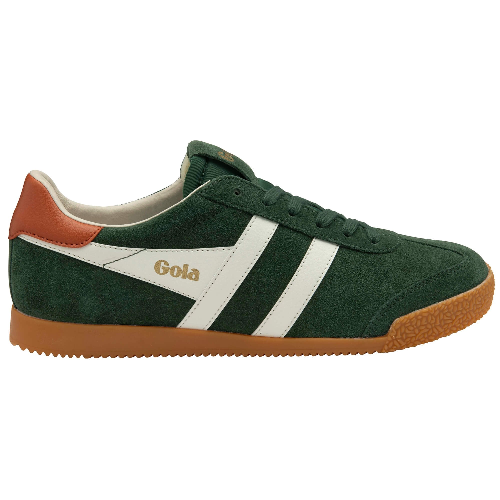 Gola Harrier suede trainers in dark green with white stripes and a gum sole