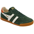 Green trainer with white stripe and brown sole on a white background