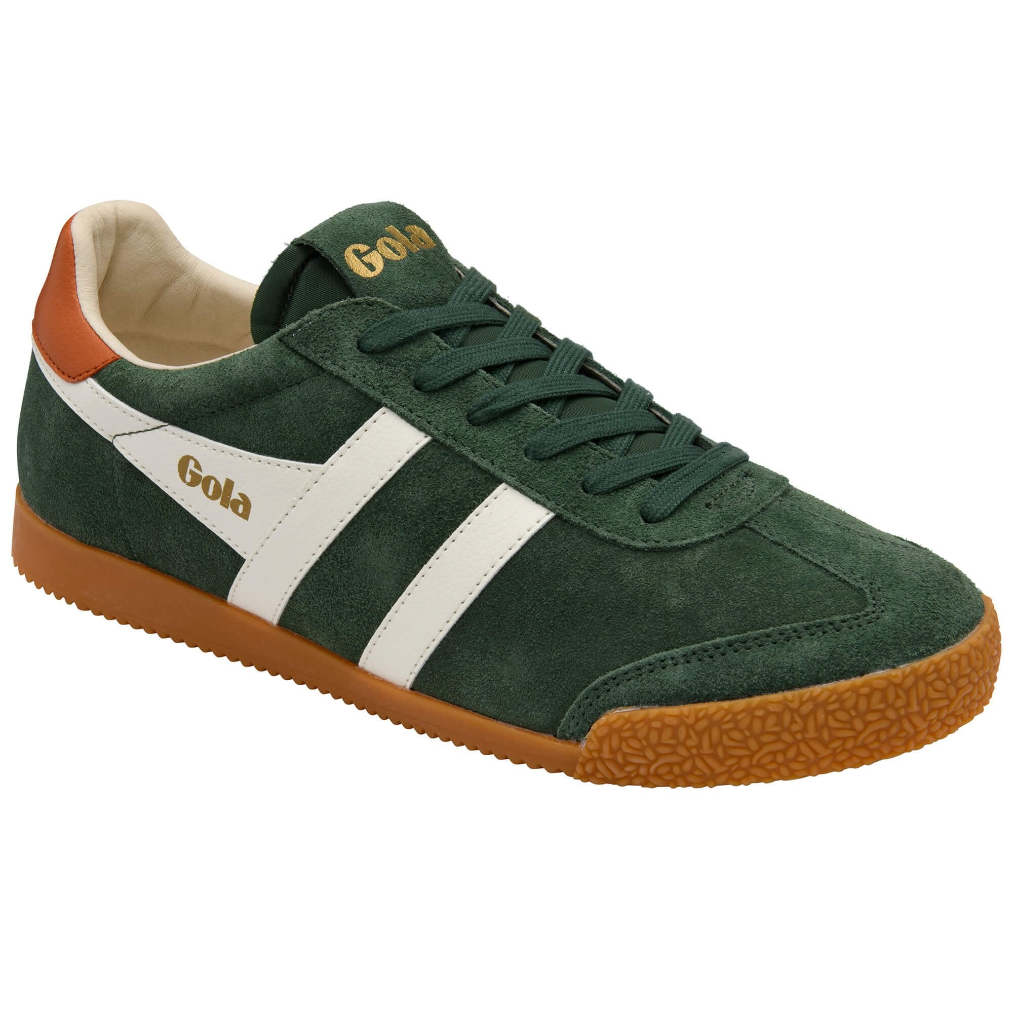 Green trainer with white stripe and brown sole on a white background