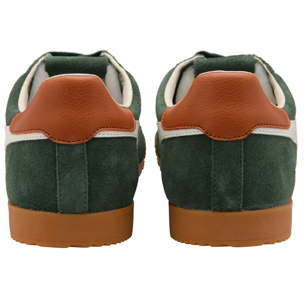 Green trainers with brown soles and heel tabs on a white background
