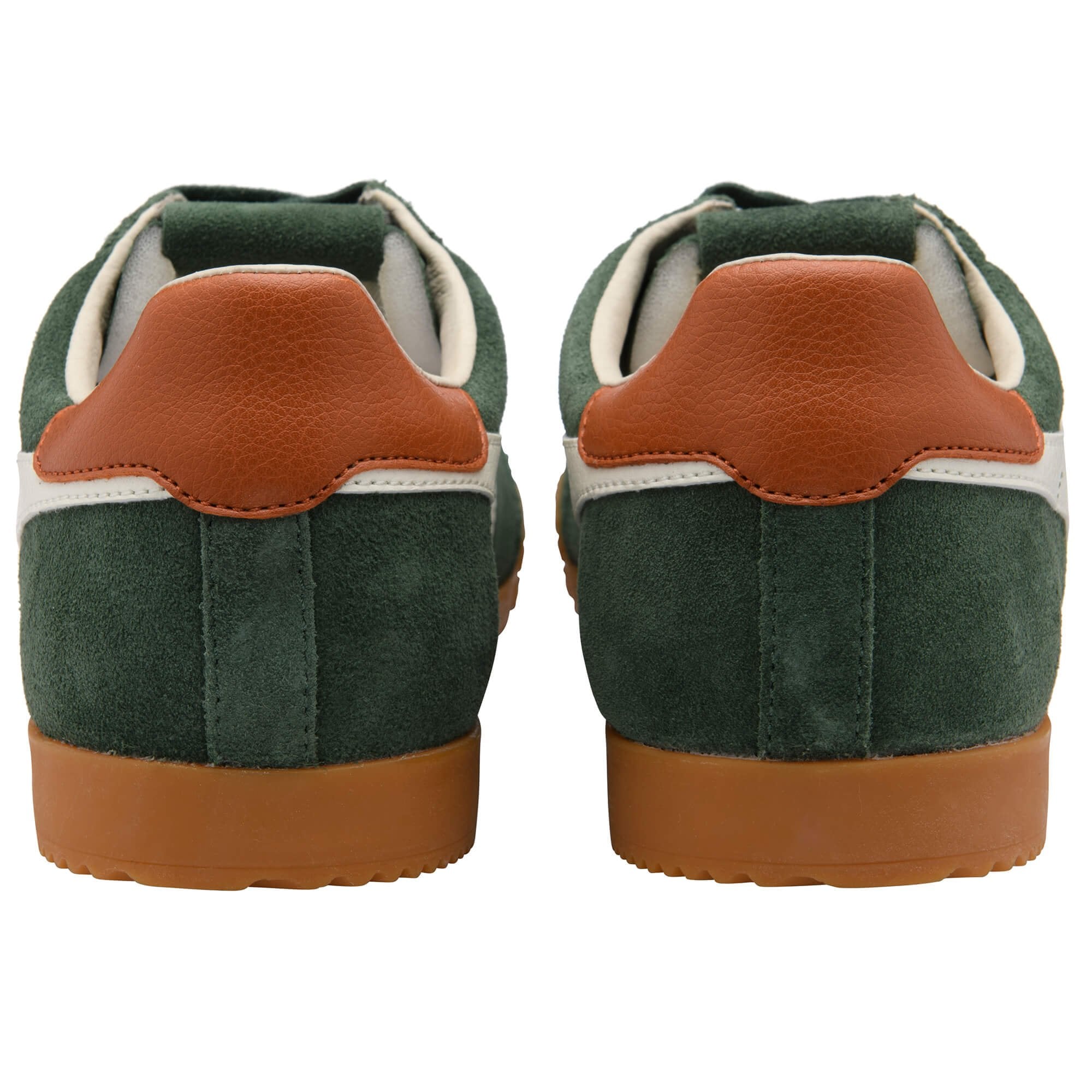 Green trainers with brown soles and heel tabs on a white background