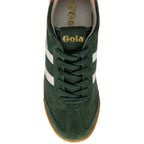 Top-down view of a dark green suede Gola trainer with white stripes and a gum sole