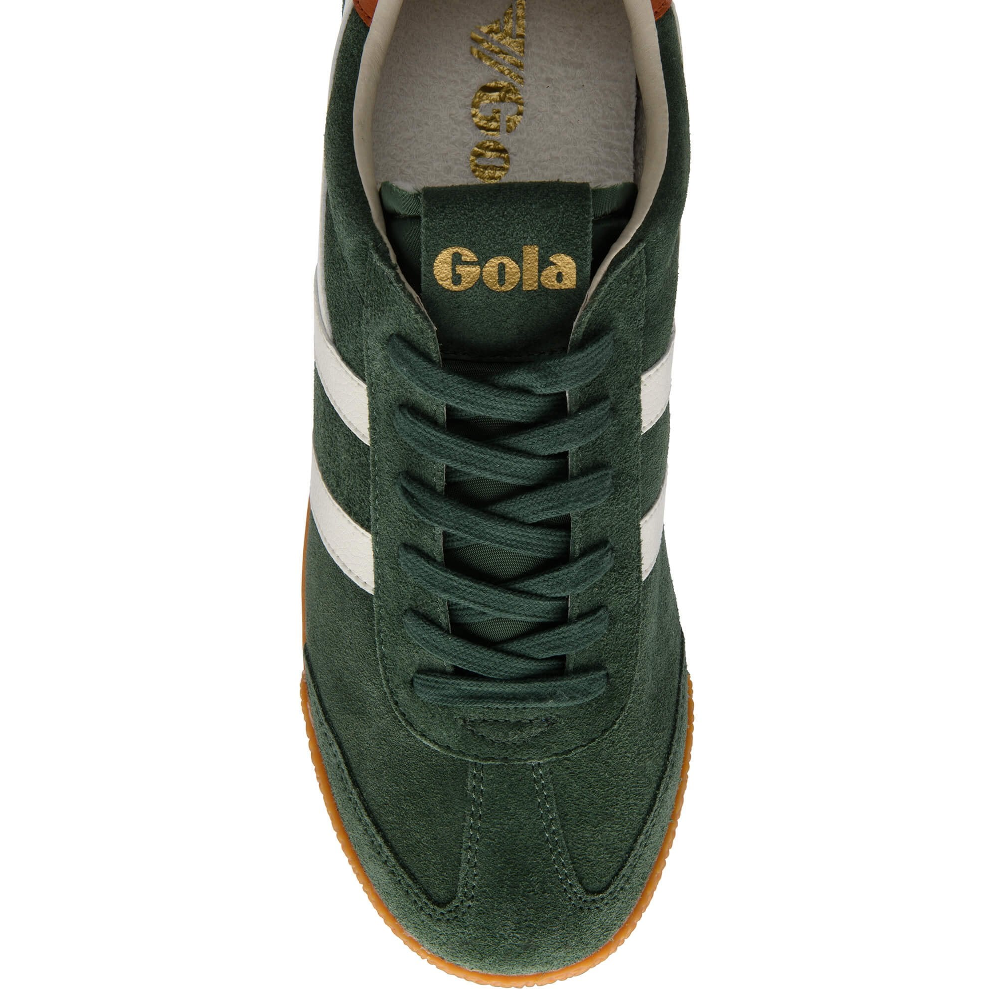 Top-down view of a dark green suede Gola trainer with white stripes and a gum sole