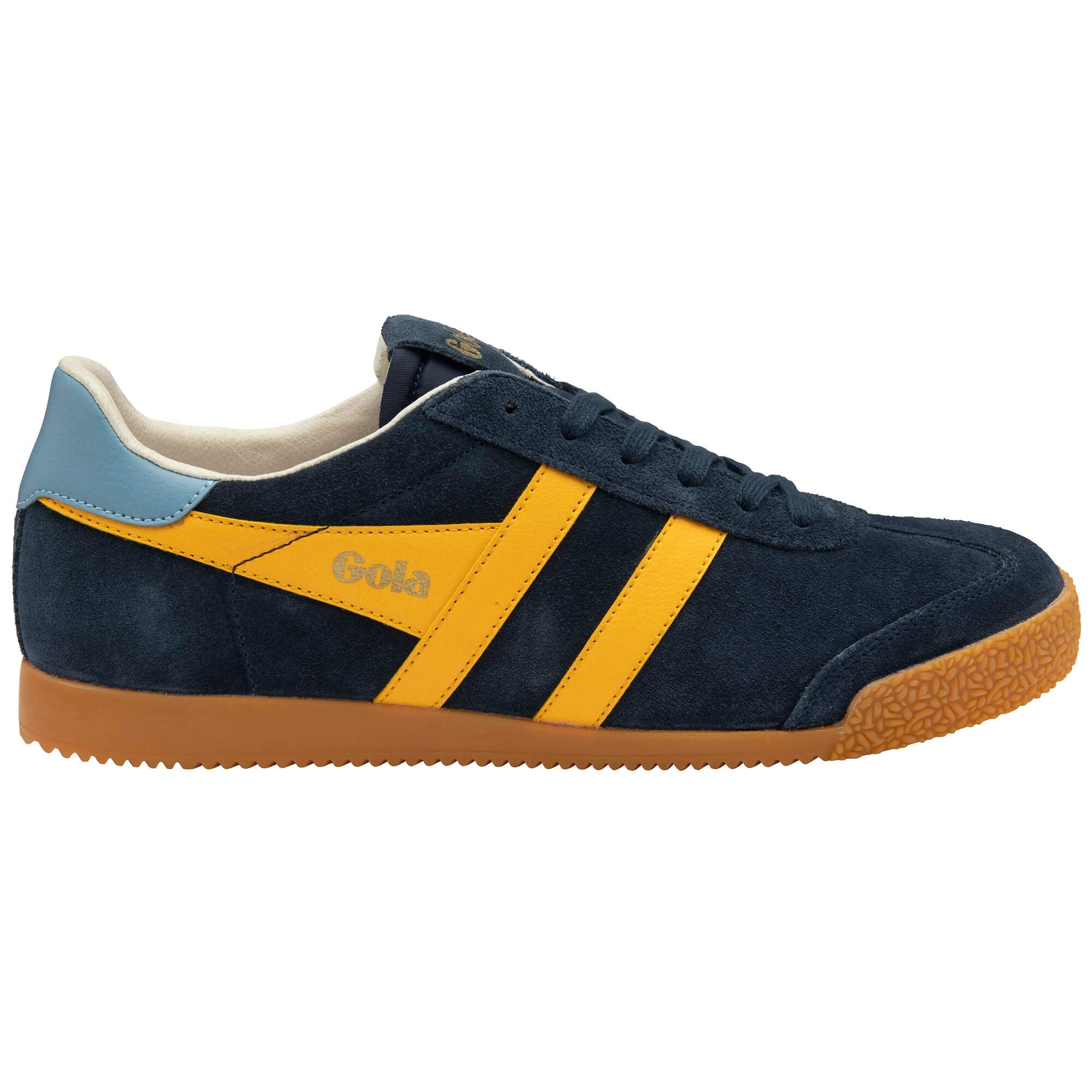 Navy blue trainer with yellow stripes and brown sole on a white background