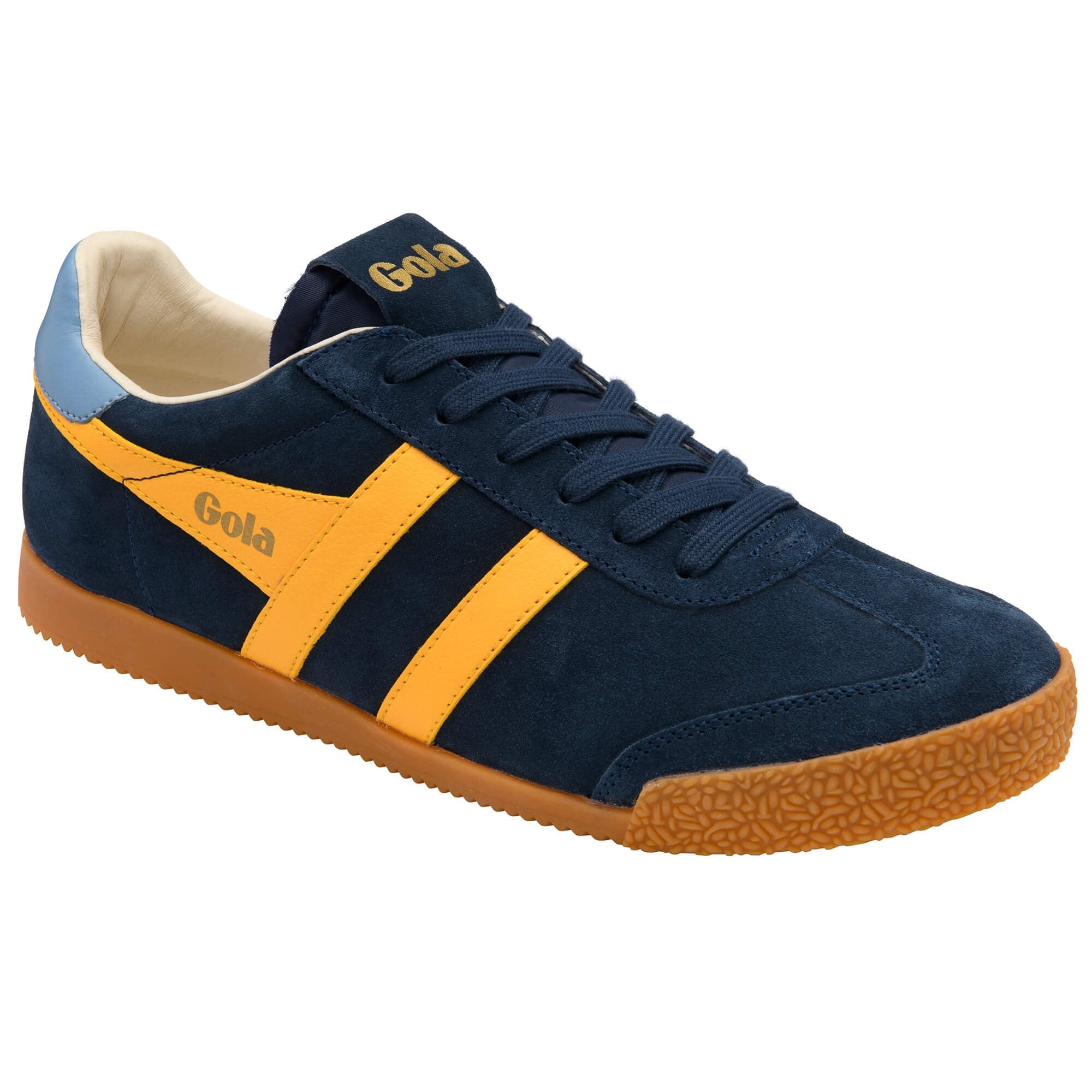 Navy blue trainer with yellow stripes and brown sole on a white background