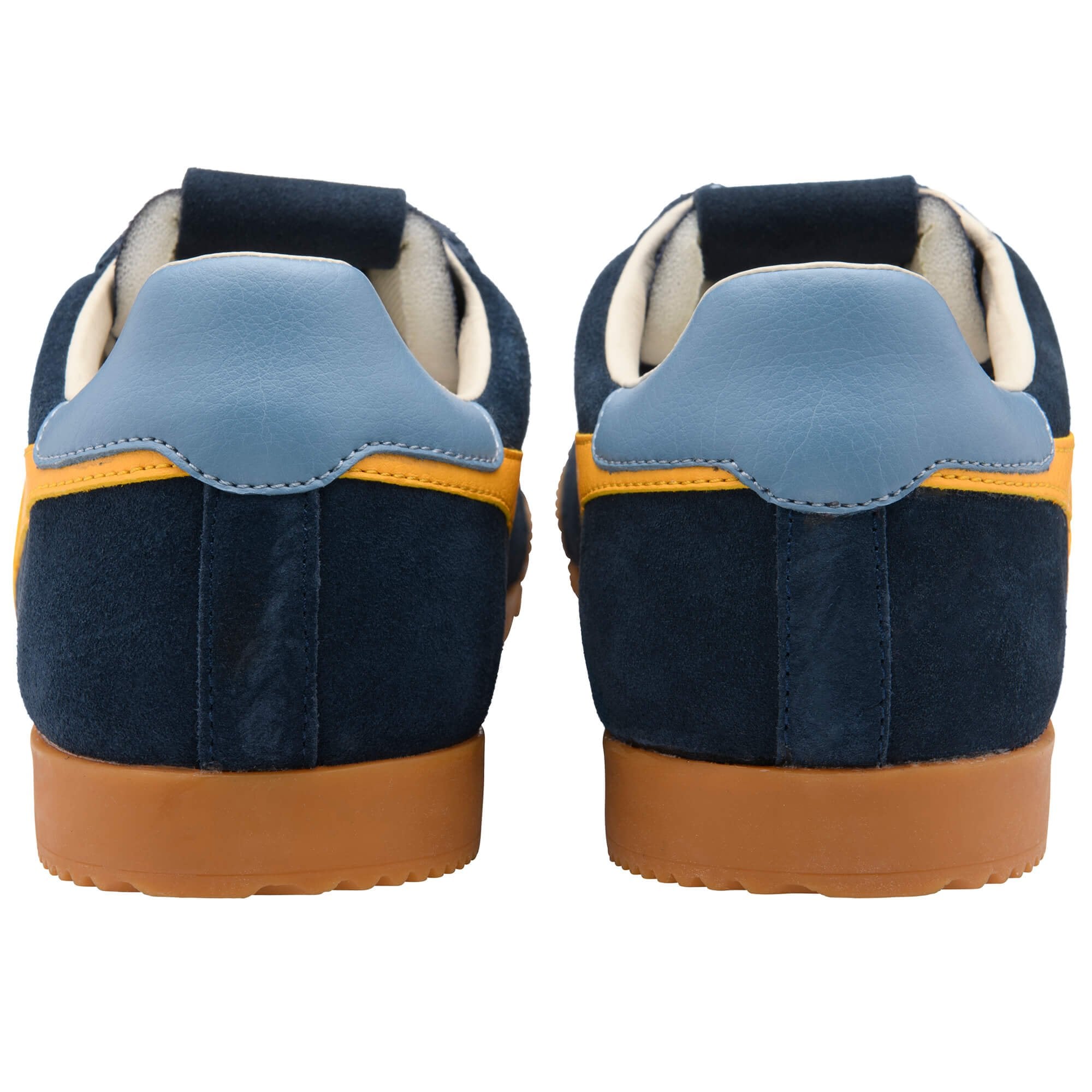 Navy blue trainers with brown soles and yellow accents on a white background