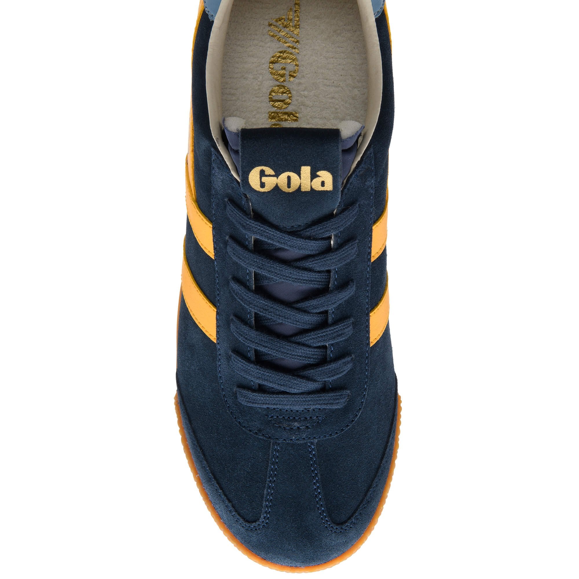 Navy blue trainer with yellow stripes and 'Gola' branding on a white background