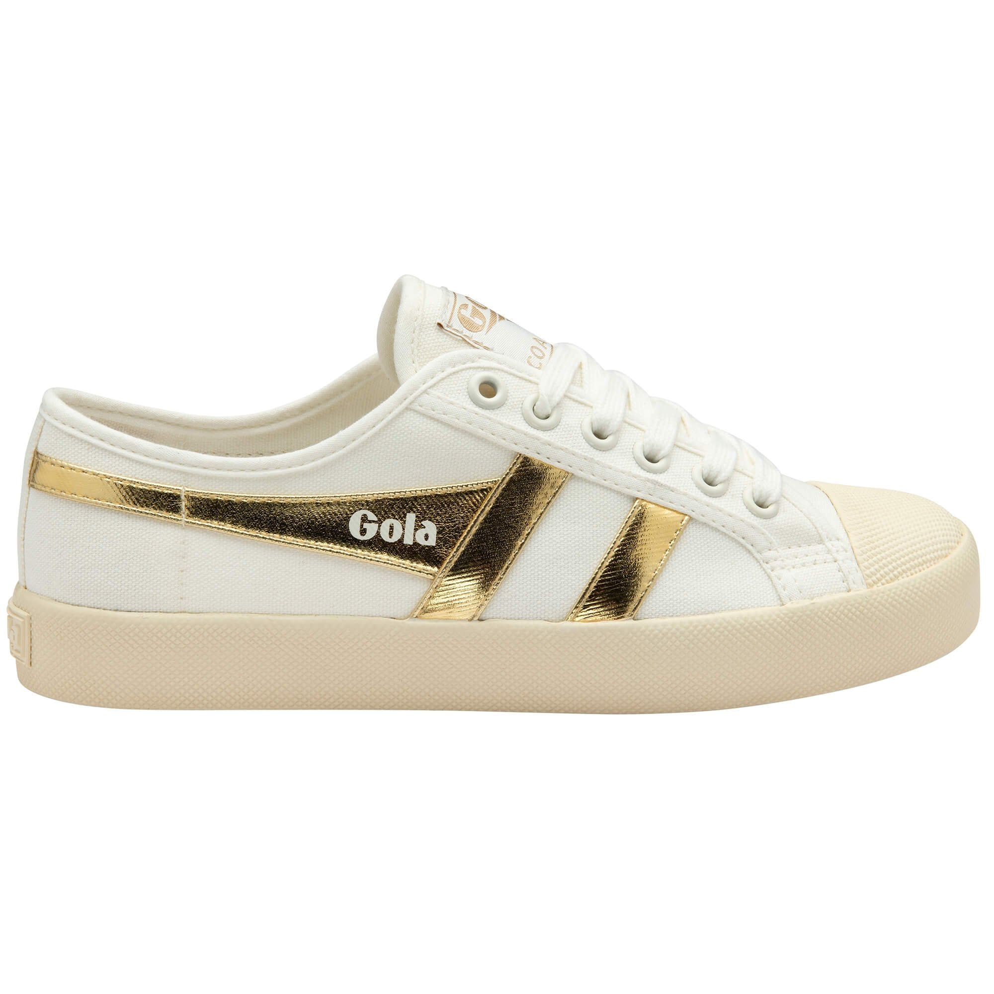 White Gola trainer with gold accents on a white background