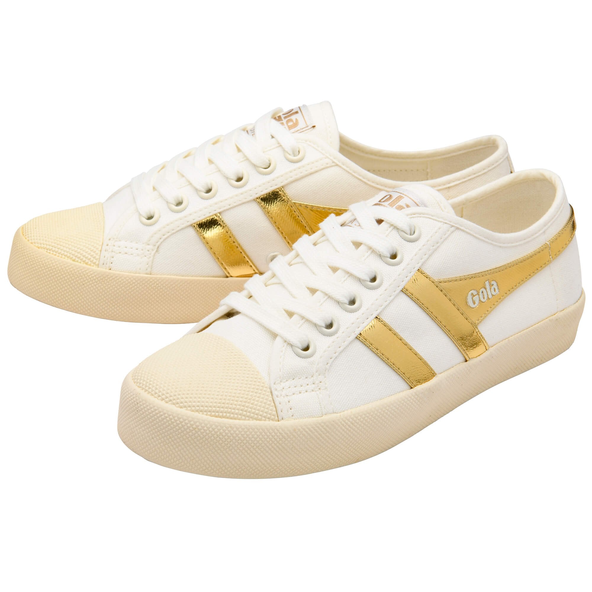 Pair of Gola trainers with gold stripes and Gola logo on a white background