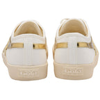 White Gola trainers with gold accents on a white background