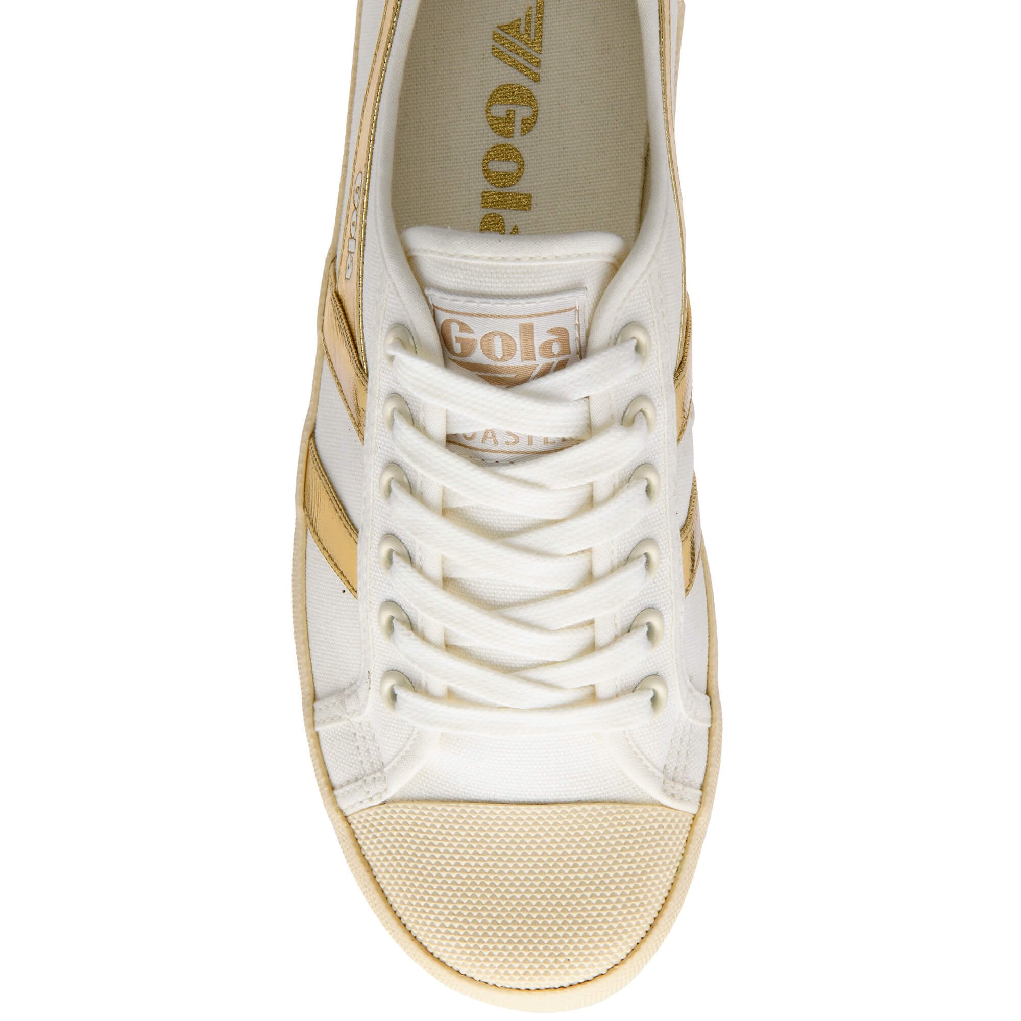 White and gold Gola trainer with 'Gola' branding on a white background