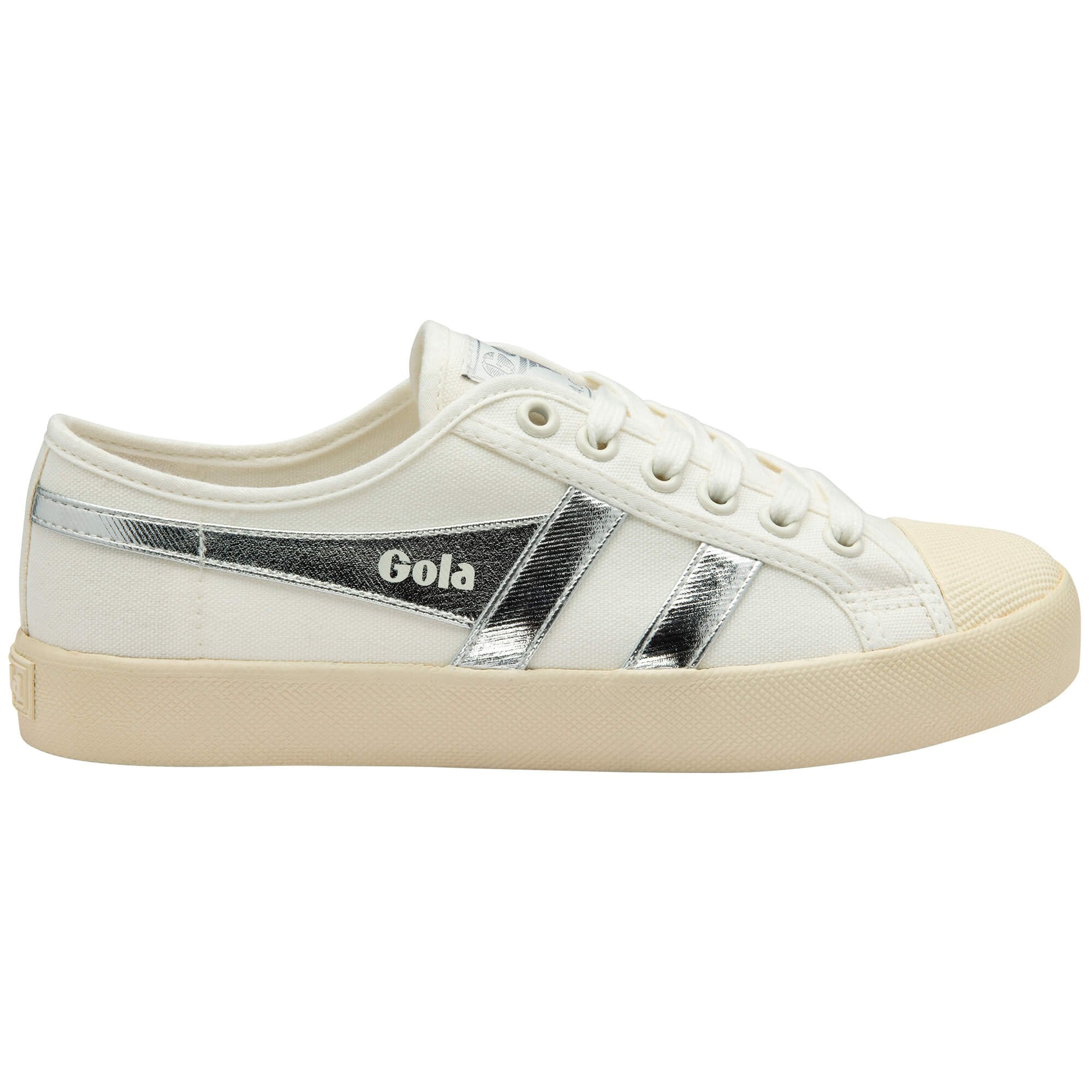 White Gola trainer with silver accents and 'Gola' branding on a white background