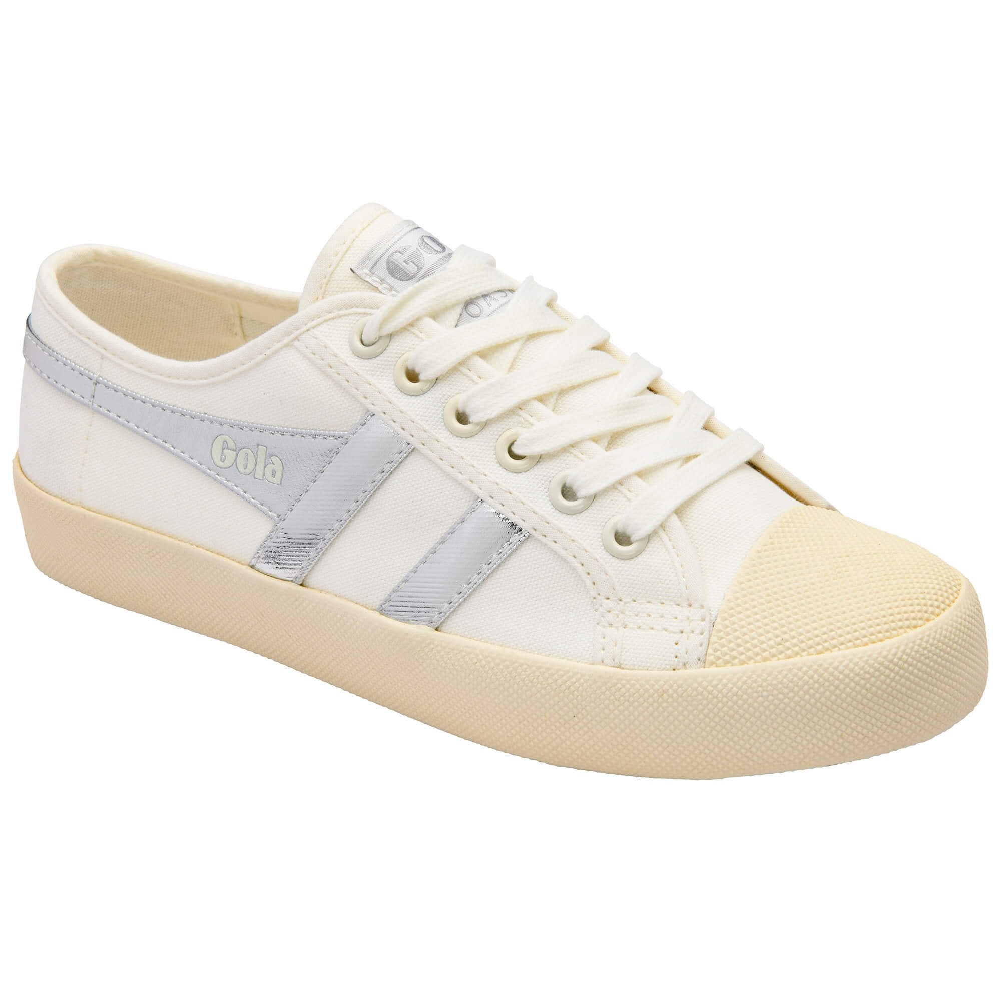 White Gola trainer with silver stripes on a white background