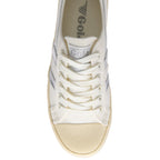 White Gola trainer with beige and silver accents on a white background