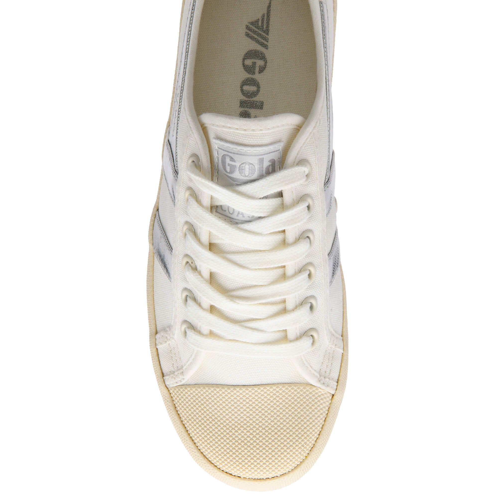 White Gola trainer with beige and silver accents on a white background