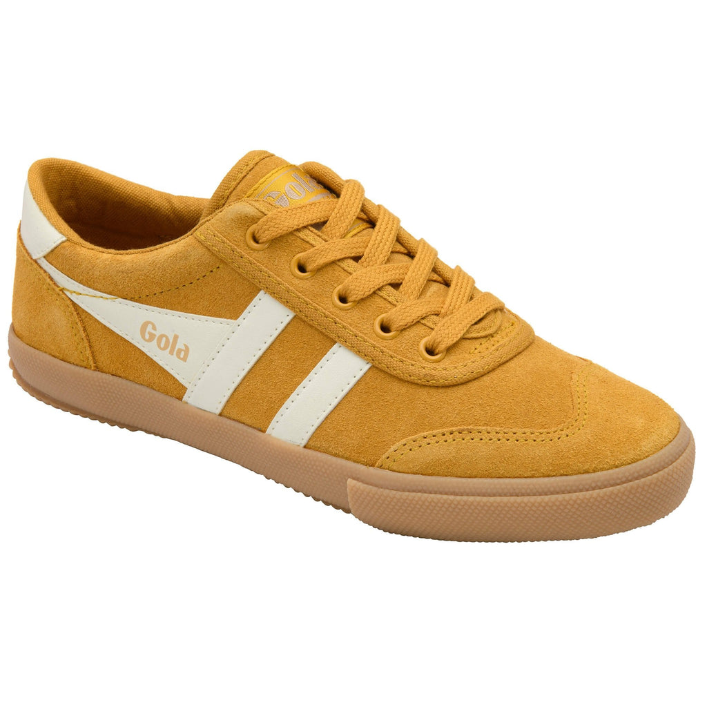 Gola trainer in yellow with white side stripes and brown rubber sole on a white background
