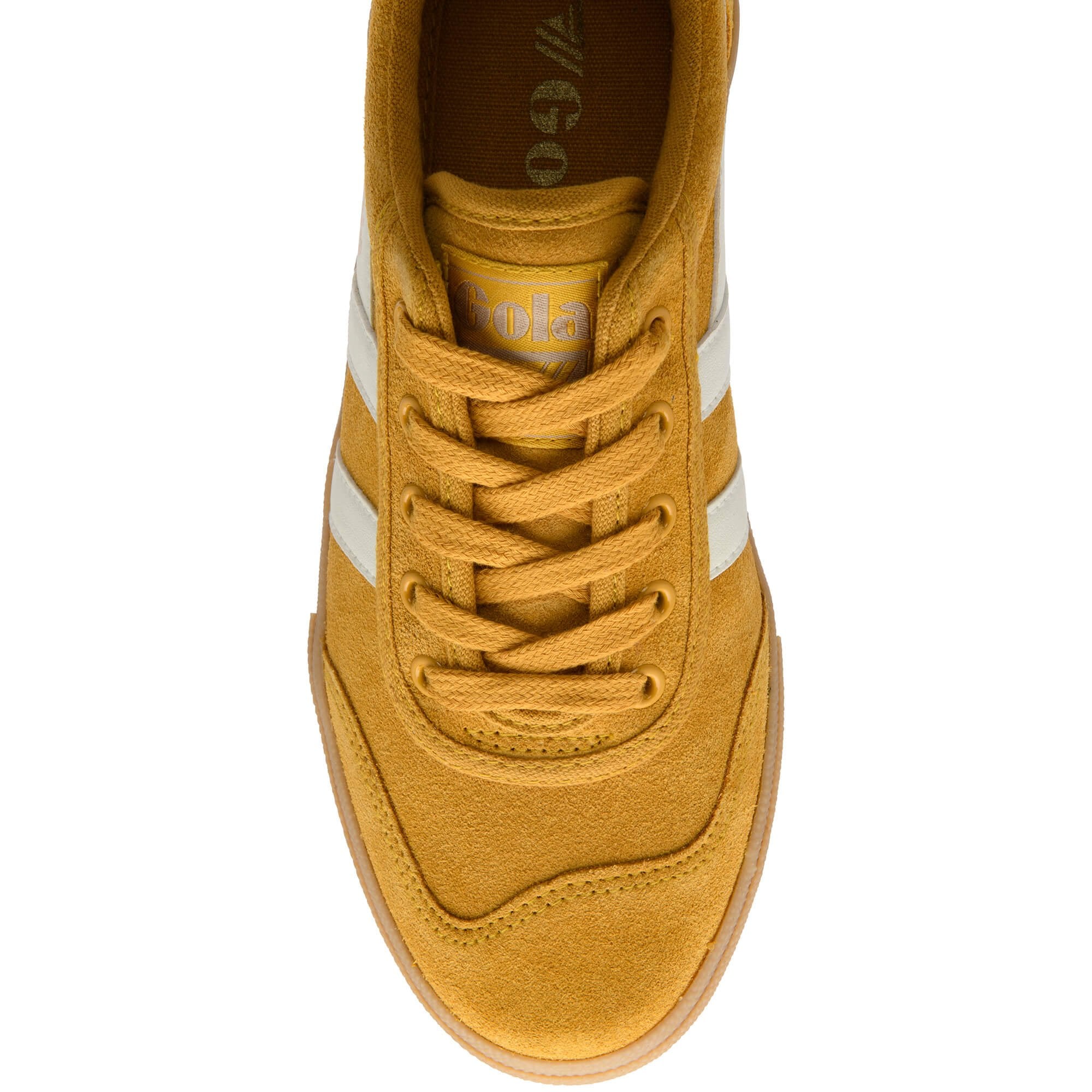 Yellow Gola trainer with white stripes on a white background