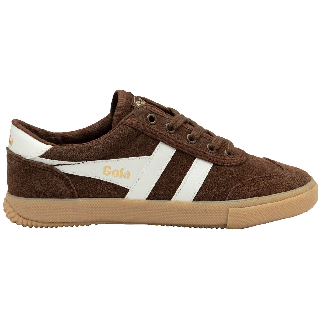 Brown Gola trainer with white stripes and tan sole on a white background