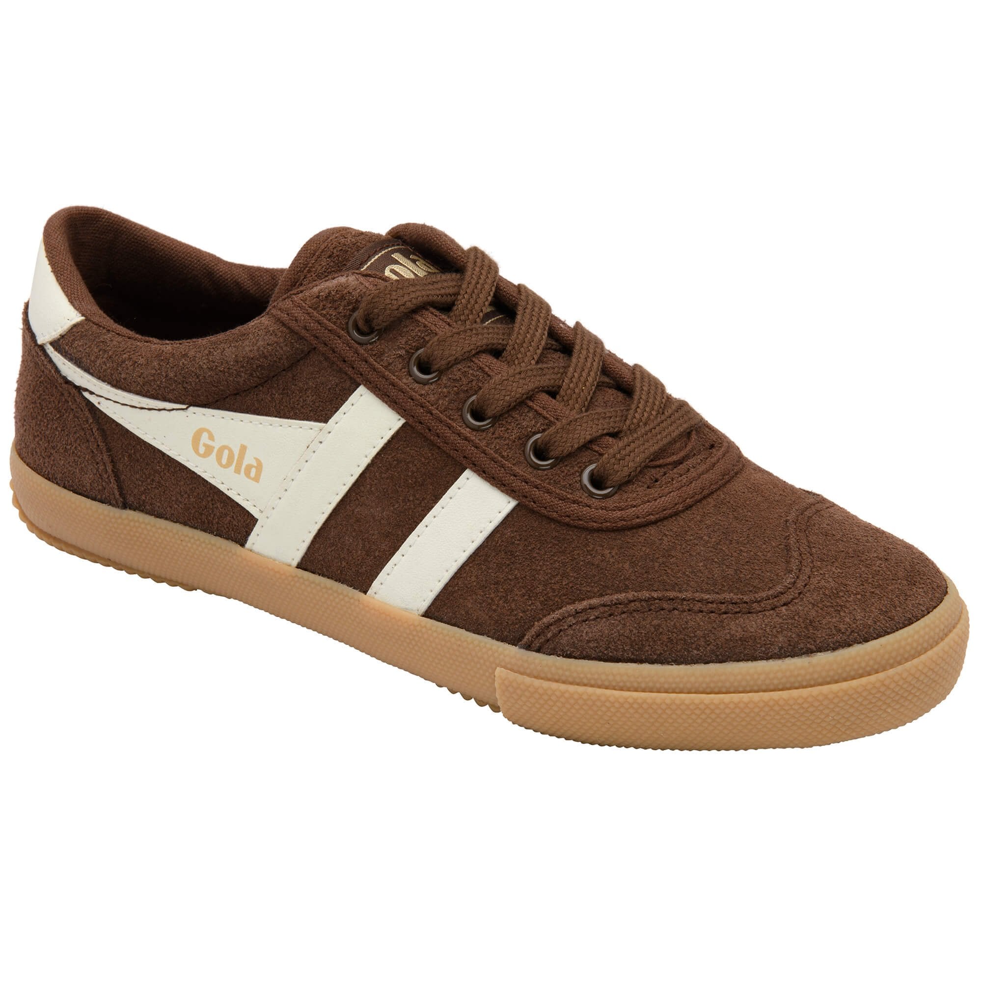 Brown Gola trainer with white stripe and tan sole on a white background