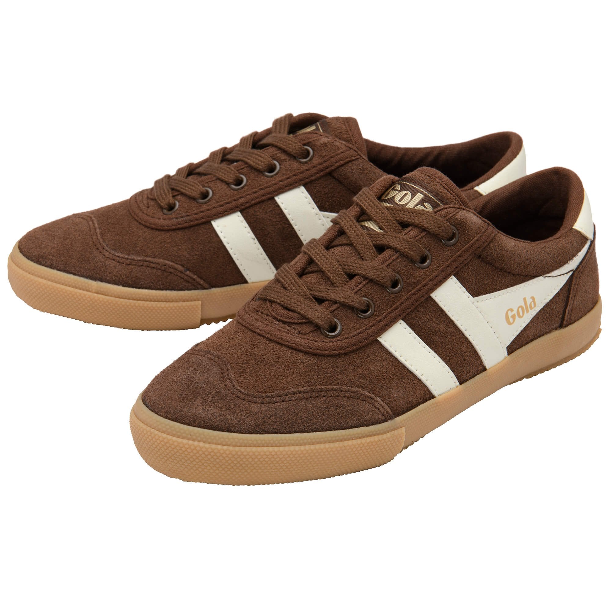 Brown Gola trainers with white stripes on a white background