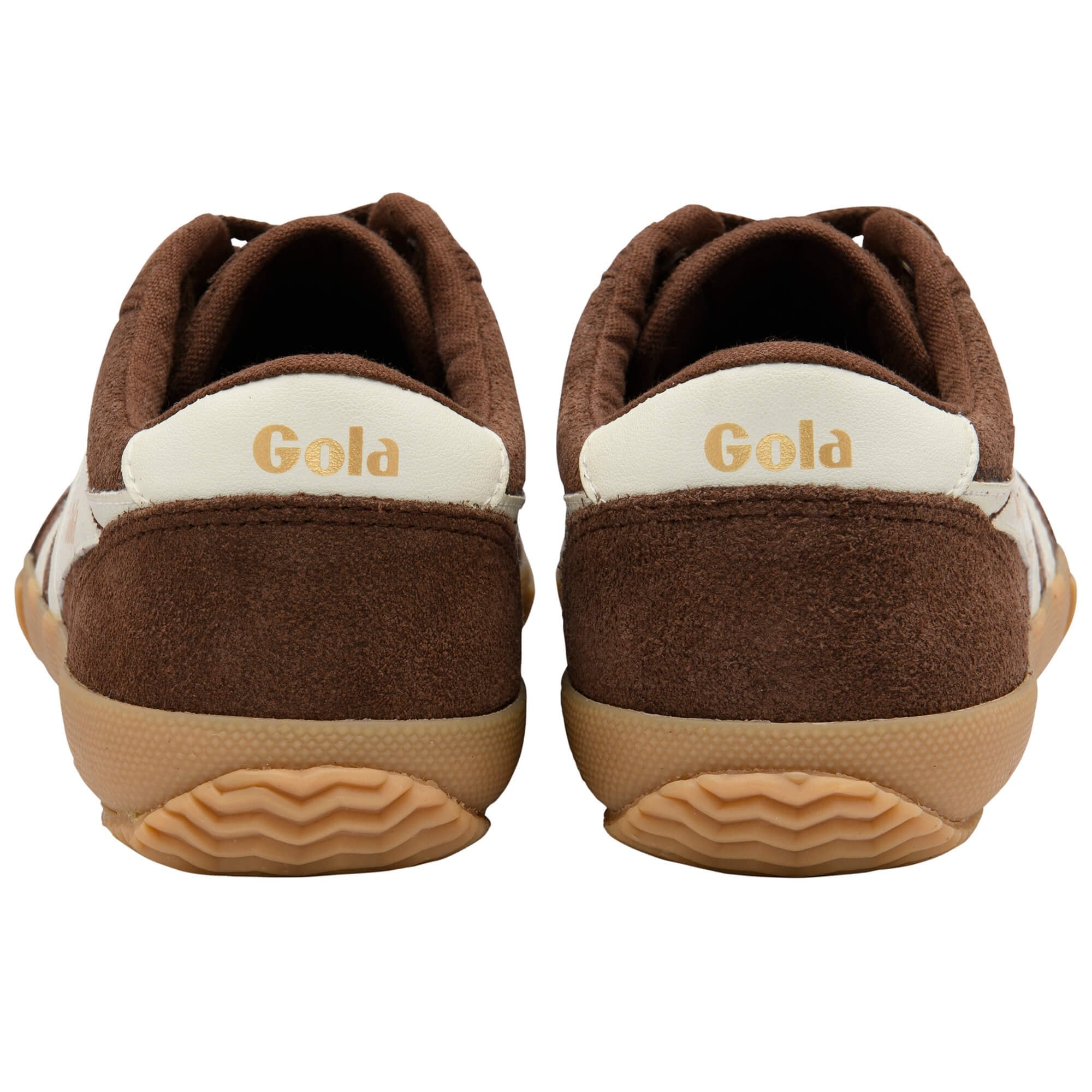 Pair of Gola trainers, brown suede with white heel tabs and gold Gola branding, rear view on a white background