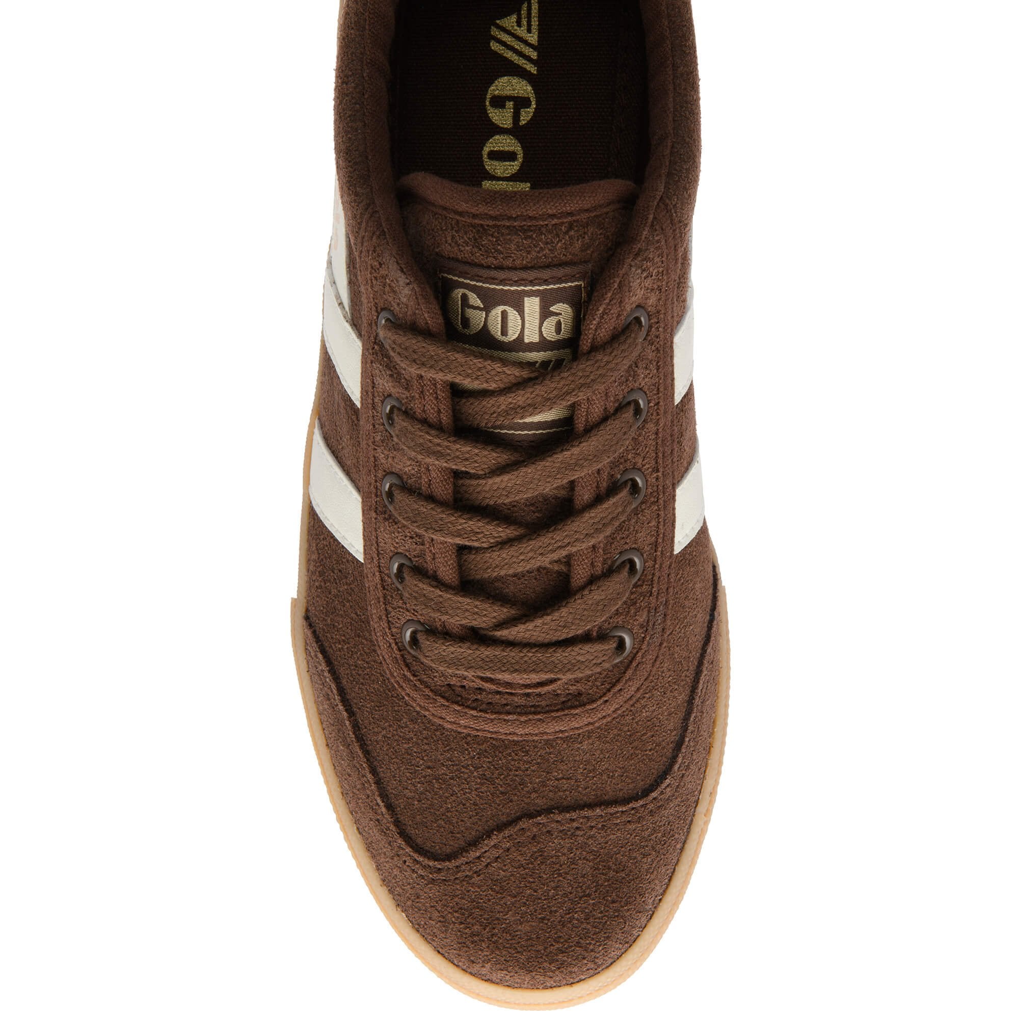 Brown Gola trainer with white stripes and 'Gola' branding on a white background