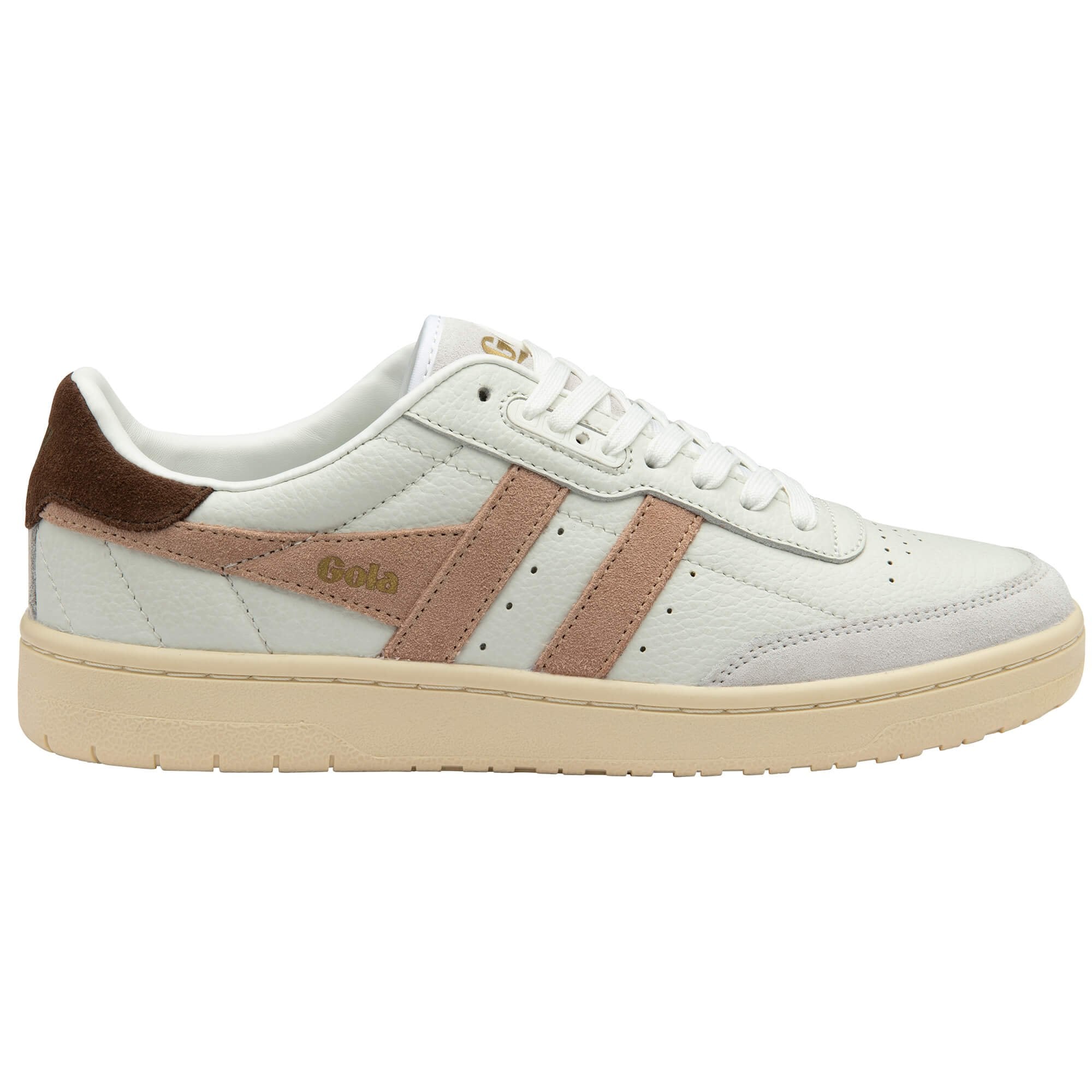 White Gola trainer with brown accents on a white background