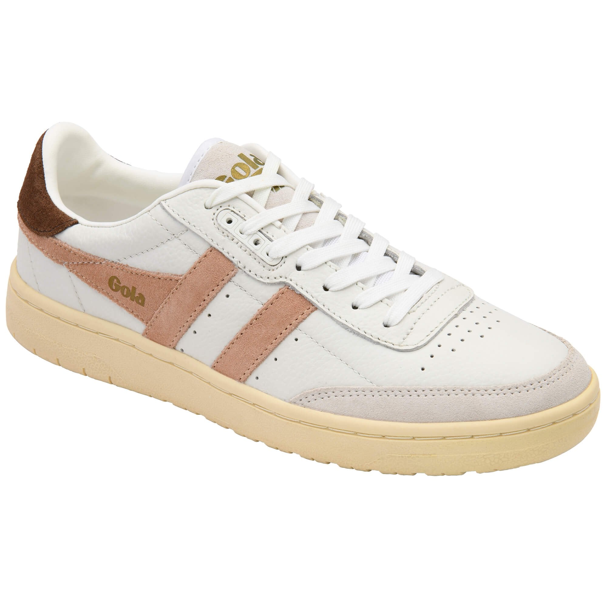 White Gola trainers with brown accents on a white background