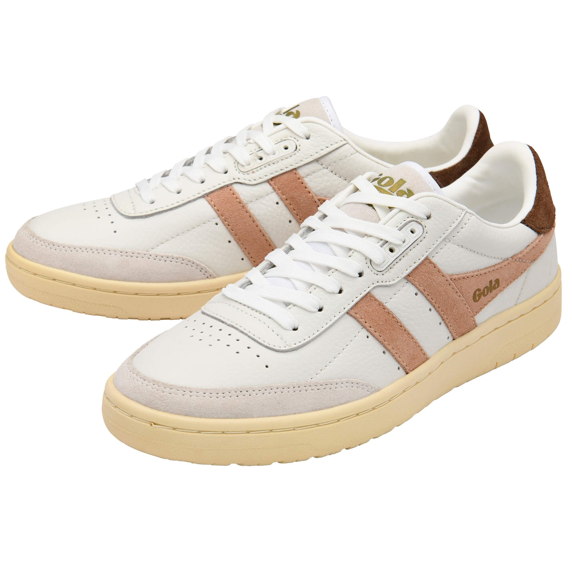 White Gola trainers with brown accents on a white background