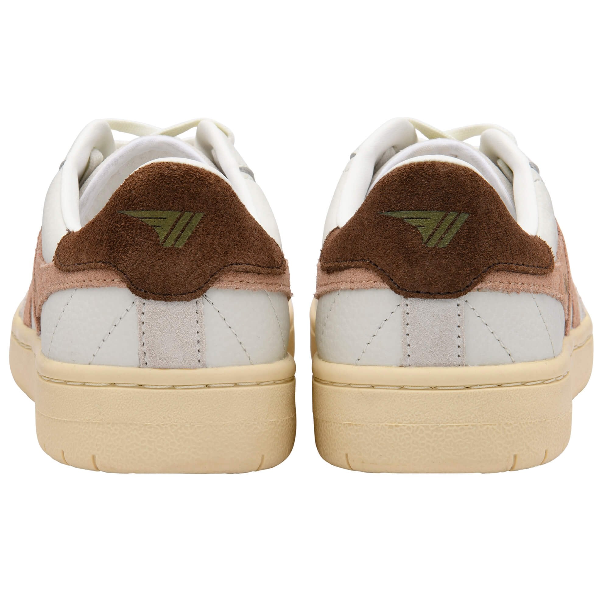 Rear view of two white and brown Gola trainers with a green logo on the heel