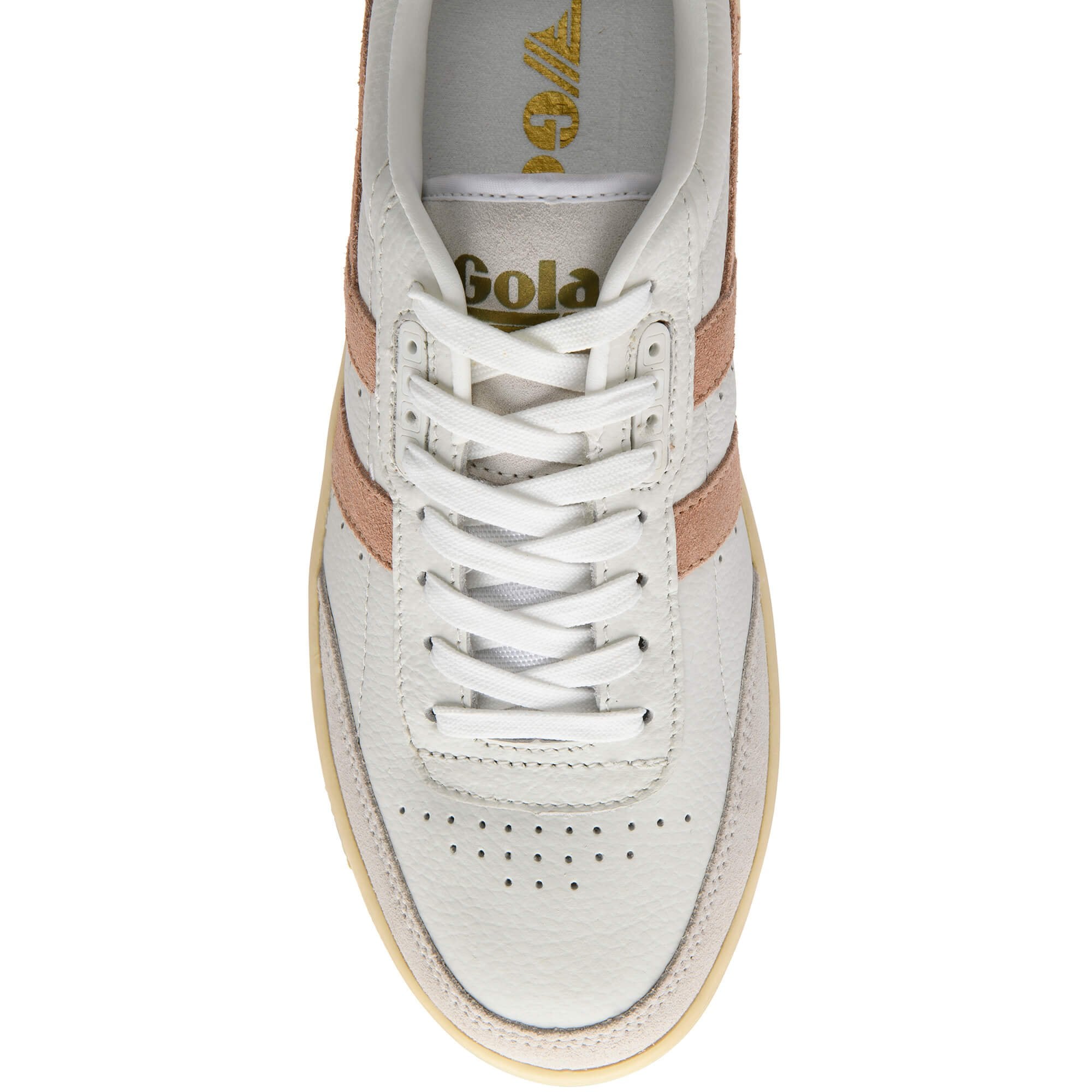 White Gola trainer with brown accents on a white background