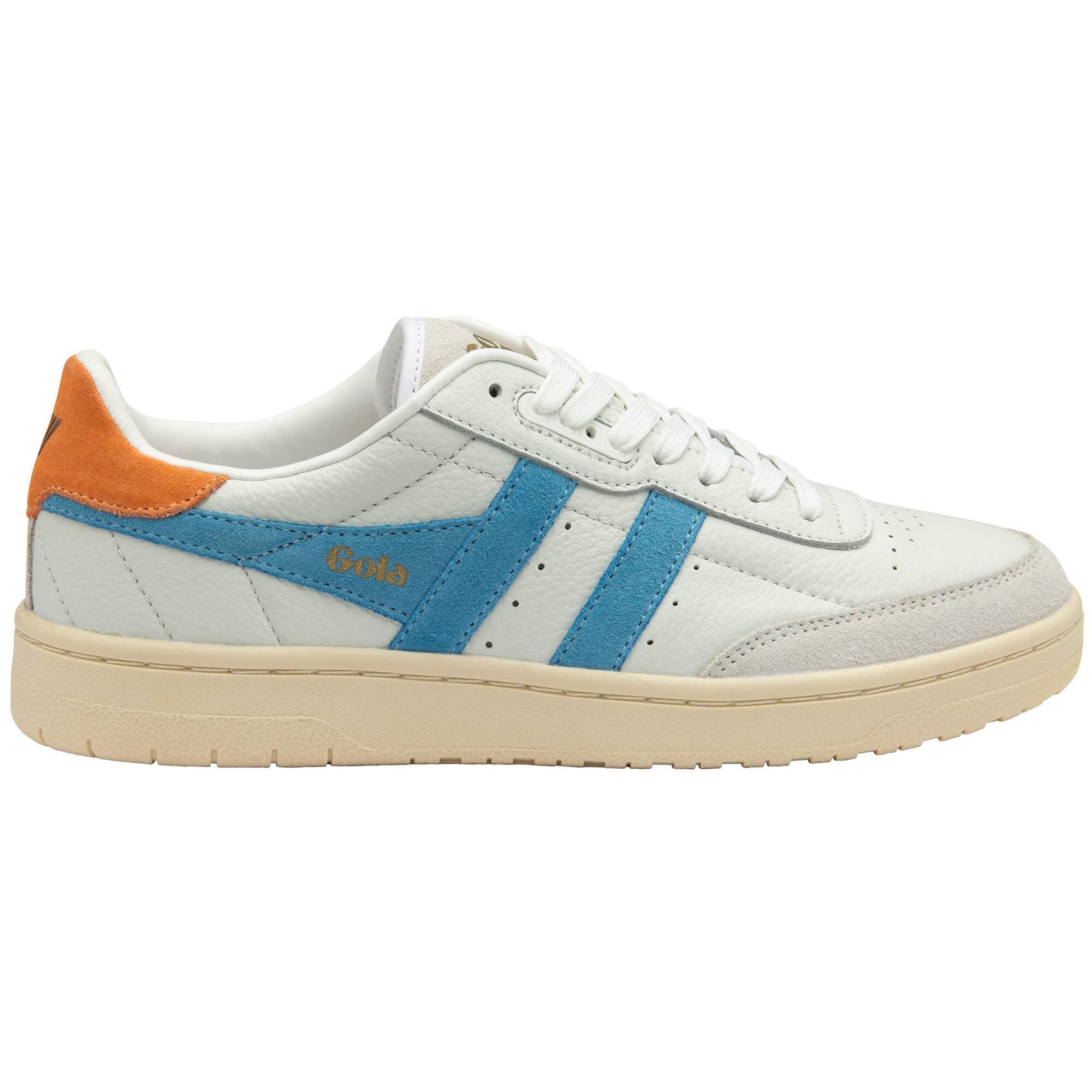 White Gola trainer with blue and orange accents on a white background