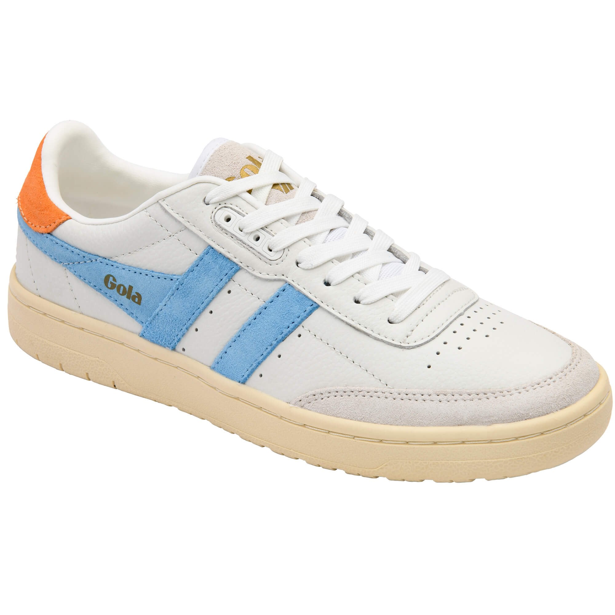 White Gola trainers with blue and orange accents on a white background