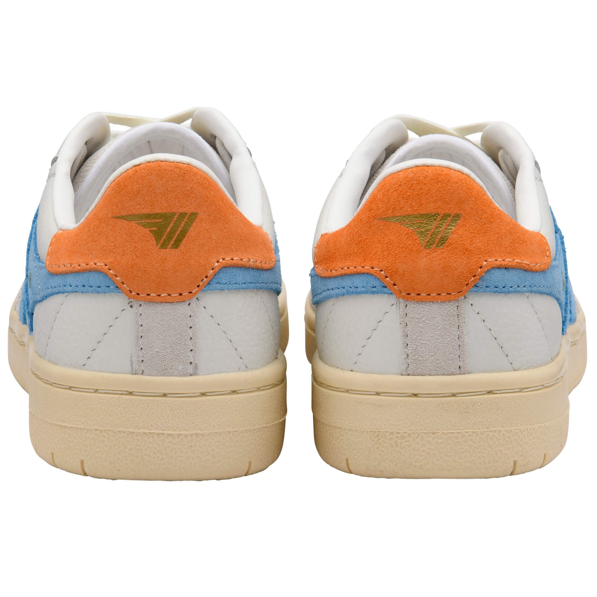 Pair of white, blue, and orange Gola trainers, rear view on a white background